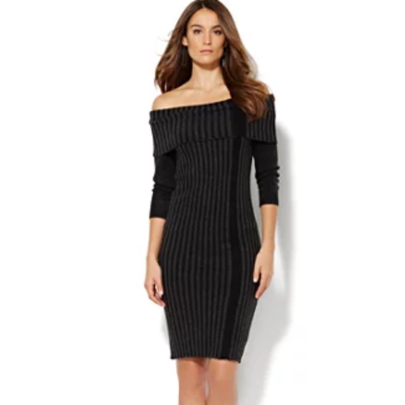 NEW New York & Company Charcoal OFF Shoulder Charcoal Sweater Dress Midi S Small - Picture 1 of 10